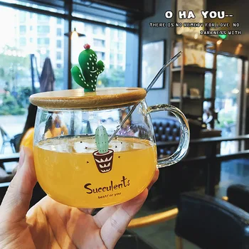 

400ml creative cactus glass with lid Modern style transparent flower cup Cactus glass coffee cup Milk breakfast cup With spoon