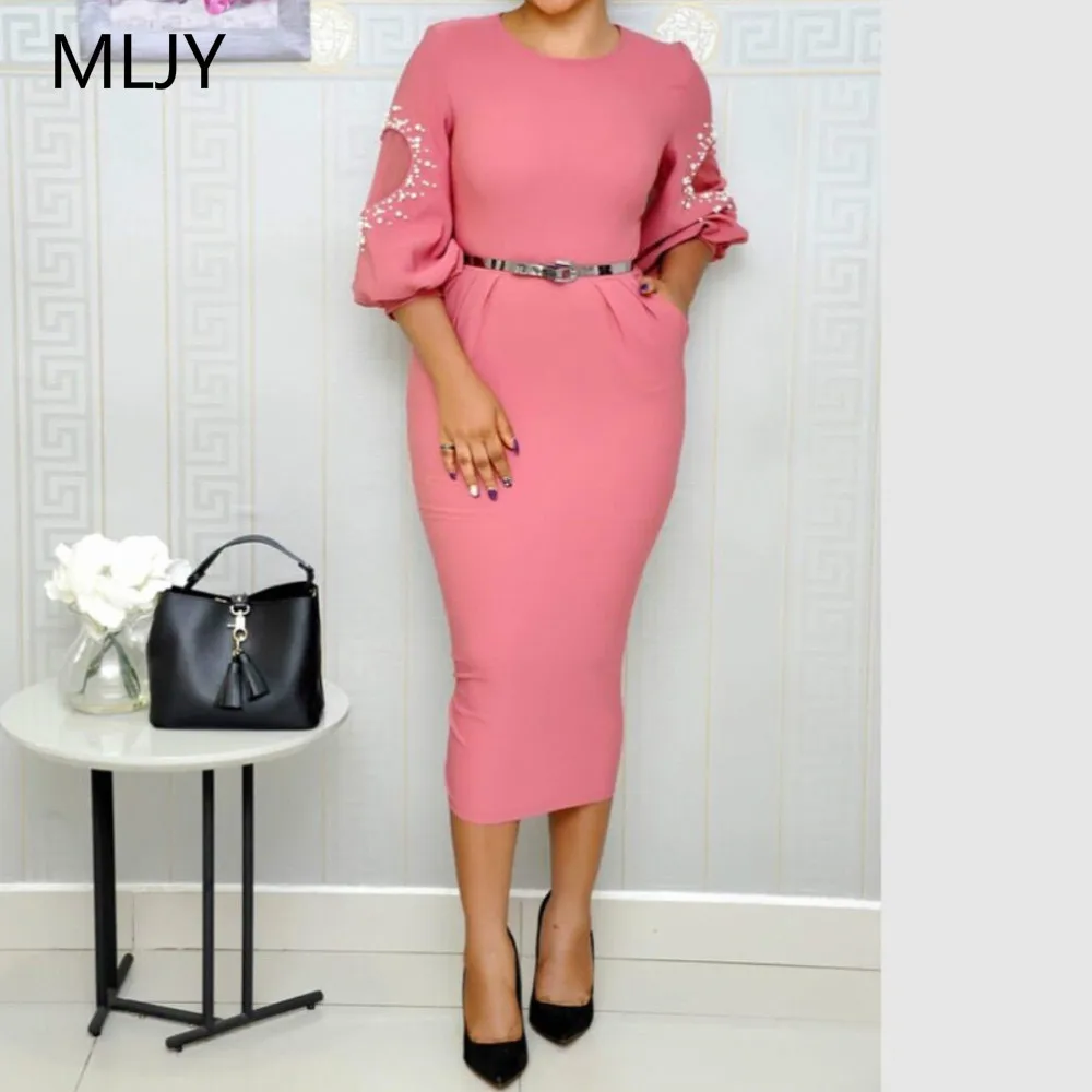 

Fall 2018 Women Sexy Lantern Sleeve Mesh Patchwork O-Neck Pleats Split Bodycon Slim Office Lady Dress With Belt