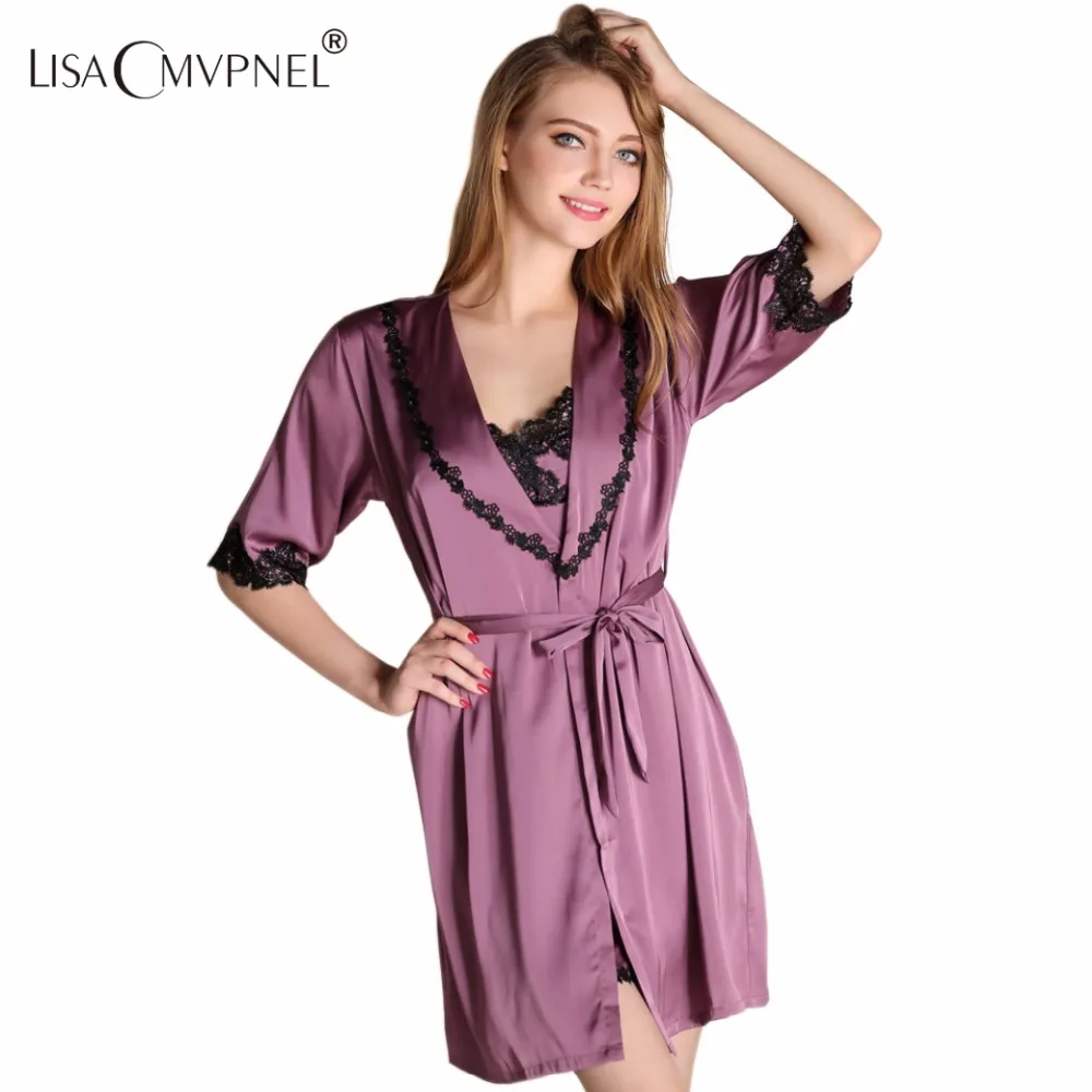 

Lisacmvpnel Half Sleeve Sexy Lace Women Robe Set Spaghetti Strap Split Nightdress+Cardigan Set Elegant Women Bathrobe