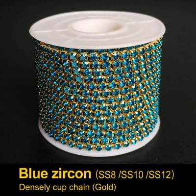 Blue zircon Lt сапфировые Стразы плотно Кубок цепи SS6 SS8 SS10 SS12 золото и розовое золото цепи 10 ярдов/рулон, хлопковая ткань для одежды - Цвет: Blue zircon