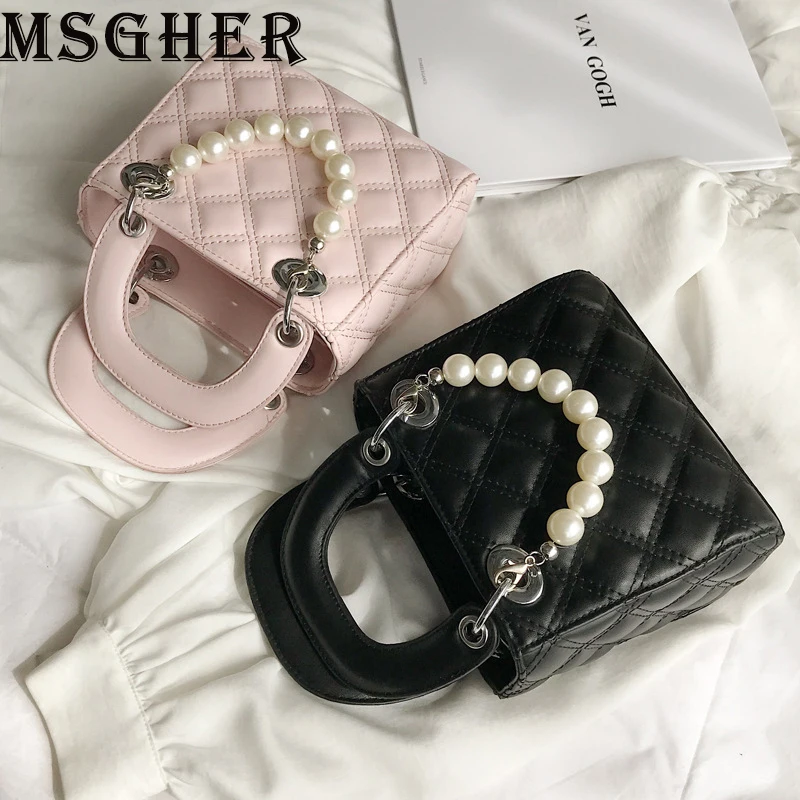 

MSGHER Handbags For Women Small Square Bags Fashion Pearl Shoulder Bags Ladies Classic Crossbody Bags PU Zipper Bags