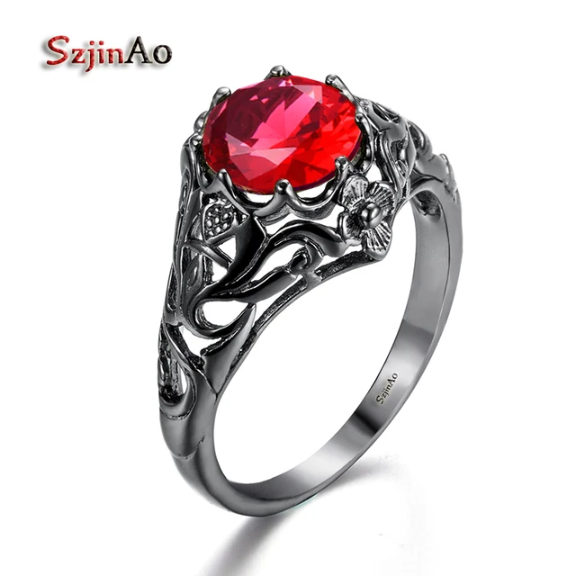 szjinao gothic female fire red ring fashion round crystal black gold filled vintage jewelry wedding rings - Female Wedding Rings szjinao gothic female fire red ring fashion round crystal black gold filled vintage jewelry wedding rings - Female Wedding Rings