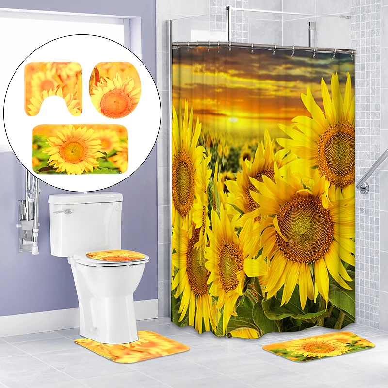 

Xueqin 1Set PVC Sunflower Bathroom Products Pedestal Rug + Lid Toilet Cover+Bath Mat Set + Shower Curtain+12x Hooks Home Decor