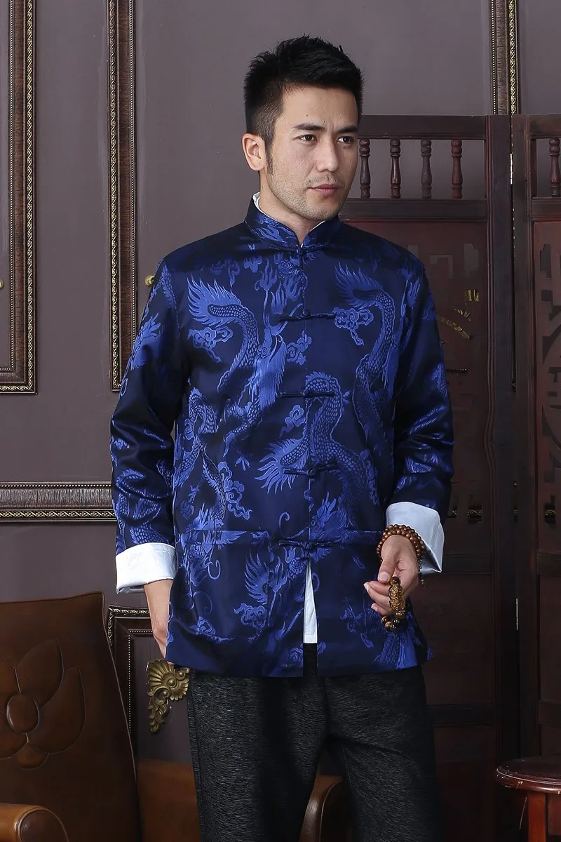 Новое поступление синий китайский традиционный Для Мужчин's парчи атлас двойной воротник куртки с драконом пальто ML XL XXL XXXLL