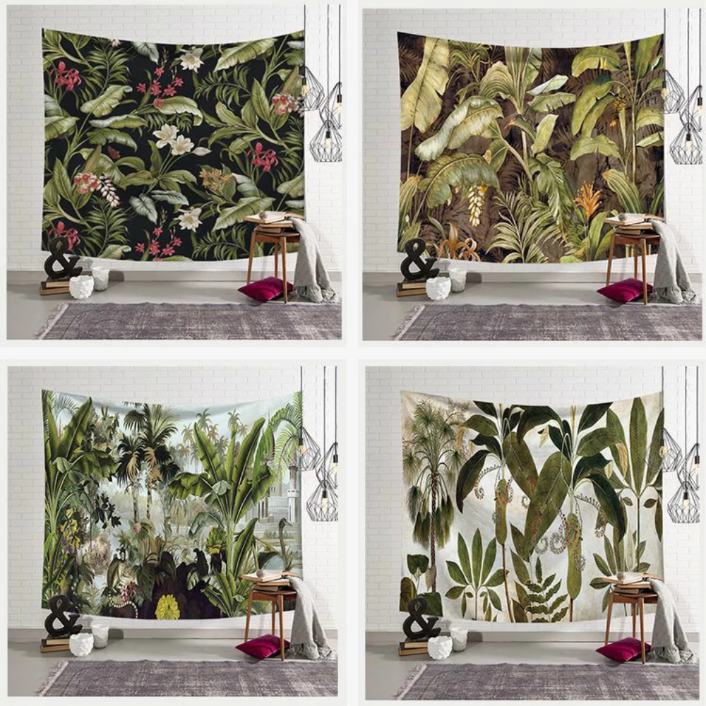 

Tropical Plants Printed Tapestry Green Leaves Landscape Macrame Tapestry Carpet Polyester Yoga Picnic Mat Beach Towel Blanket