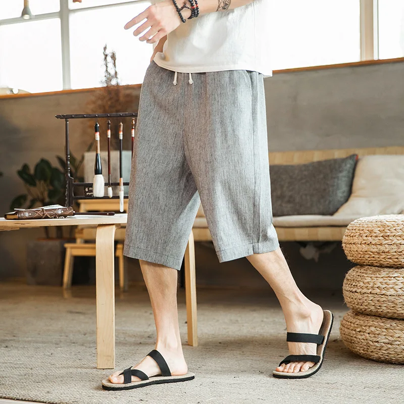 Повседневное китайский Стиль х/б мужские шорты льняные широкие шорты свободного кроя широкие брюки шорты на резиновой подошве; мужские летние льняные шорты мужские