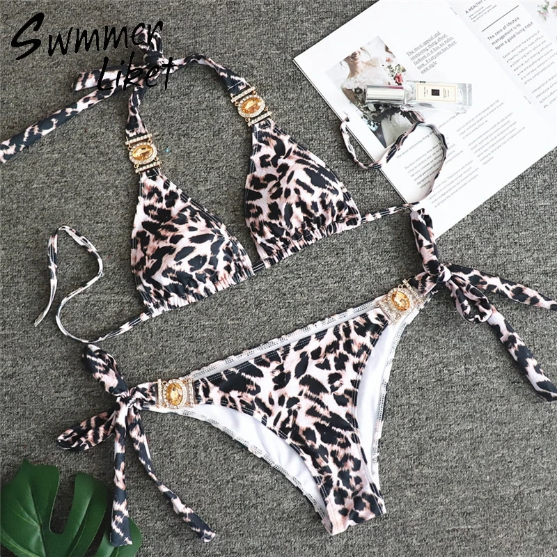 

Brazilian leopard bikinis 2019 mujer bathing suit Sexy female swimsuit push up crystal swimwear women bathers Halter bikini new