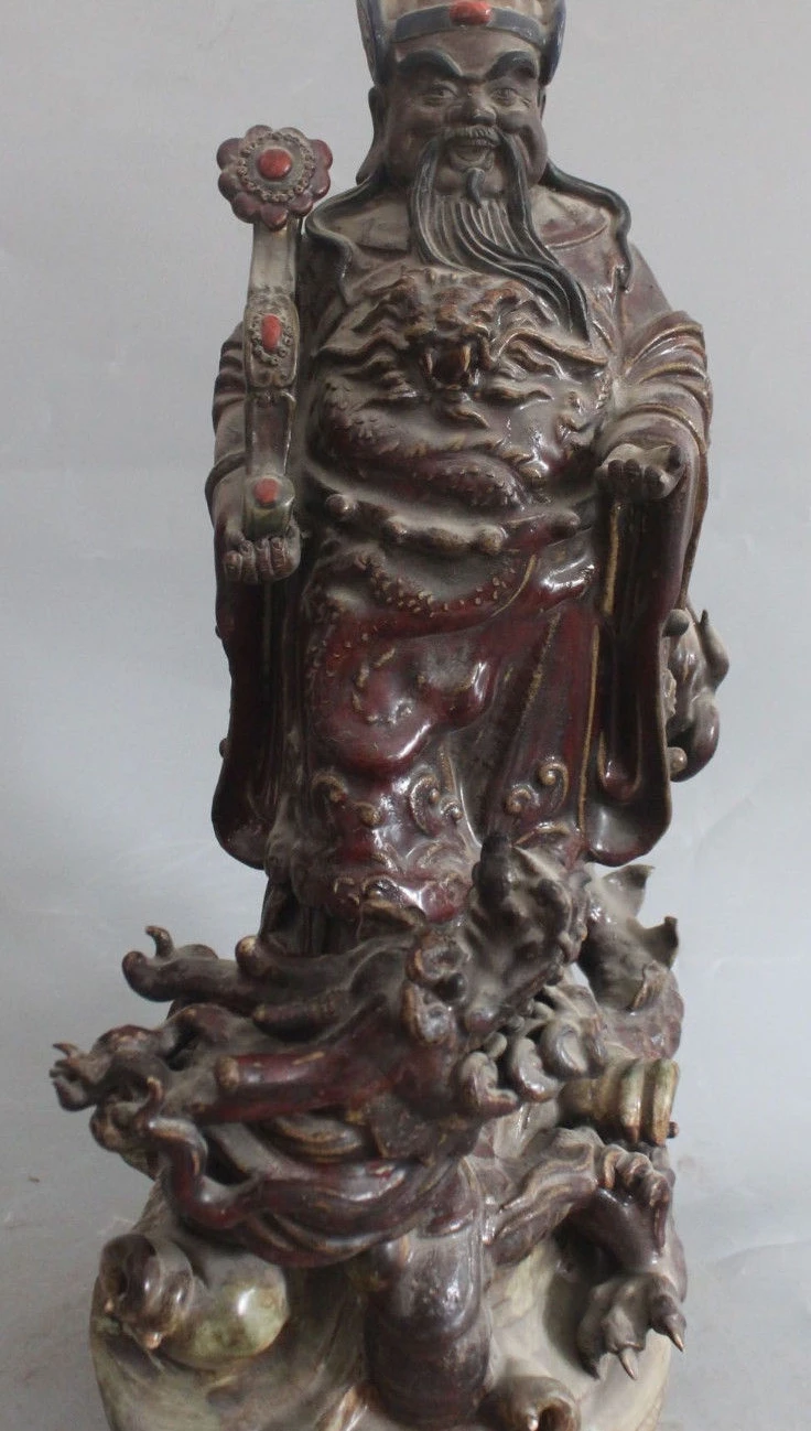 

19" Chinese Colored Wucai Porcelain Wealth Money Dragon Mammon God Ruyi Statue
