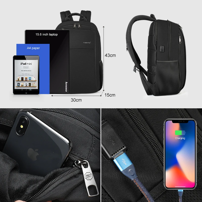 Tigernu, рюкзак с защитой от кражи, 15,6 дюймов, рюкзак для ноутбука, мужской, противообрастающий, водонепроницаемый, мужские рюкзаки, 4.0A, USB зарядка, школьные сумки, Mochila