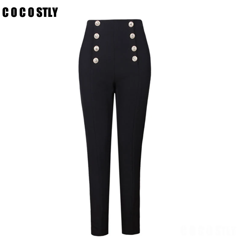 

Black White Double Breasted Skinny Casual Leggings Women 2019 Autumn Office Lady Waist Pencil Pants Ladies Trousers
