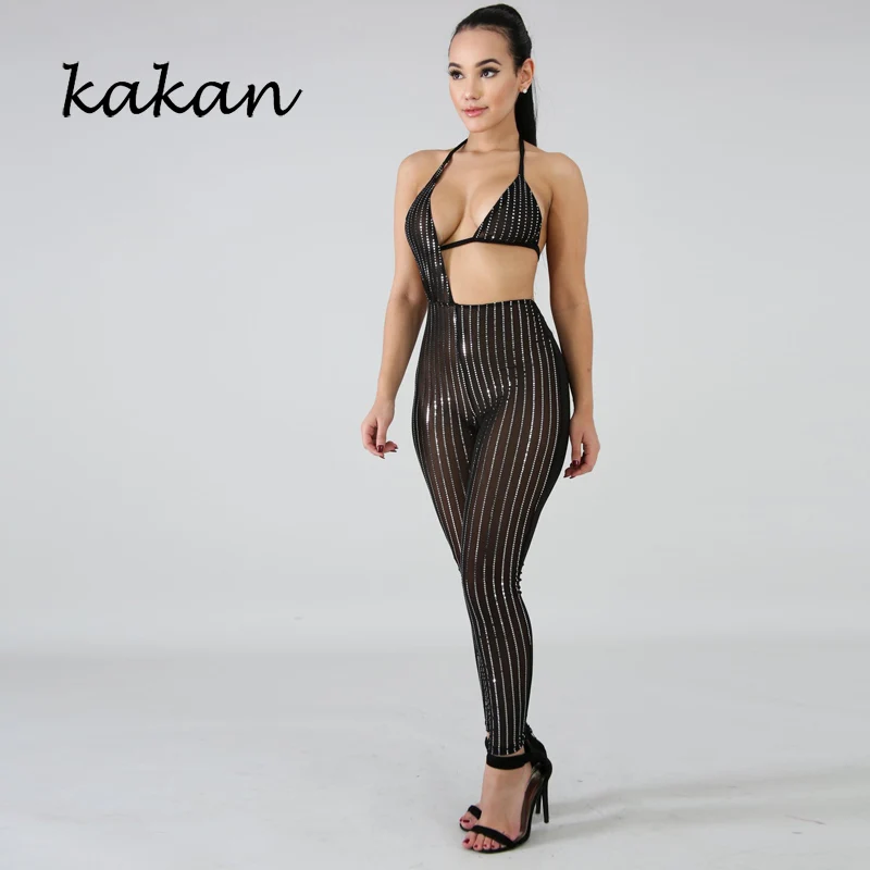 

Kakan new women's mesh gauze tights jumpsuit irregular sexy nightclub perspective jumpsuit sequins white black jumpsuit