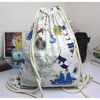 

YILE YWA17 Simple Fabric Bag Linen Drawstring Backpack Student Bag Rudder Anchor Light House