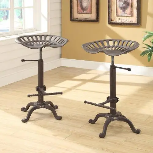 Metal Powder Coated Farmhouse Tractor Bar Stool Height Adjustable Chair with Swivel Seat Scrolled Footrest (USA Stock)
