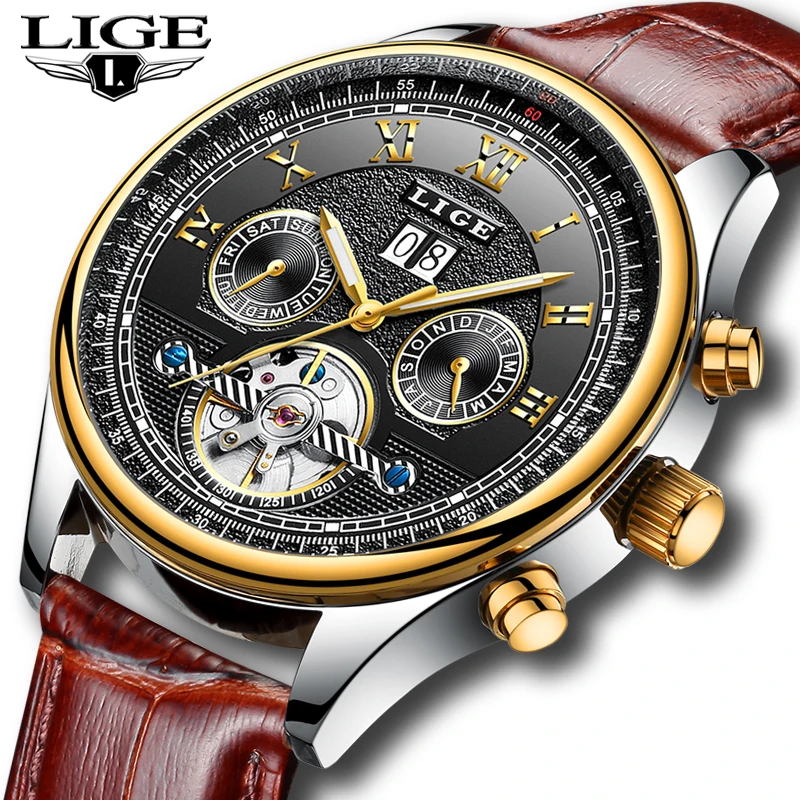 

LIGE Mens Automatic Turntable Mechanical Watch Men Business Waterproof Wristwatch Tourbillon Week Clock Relogio Masculino +Box