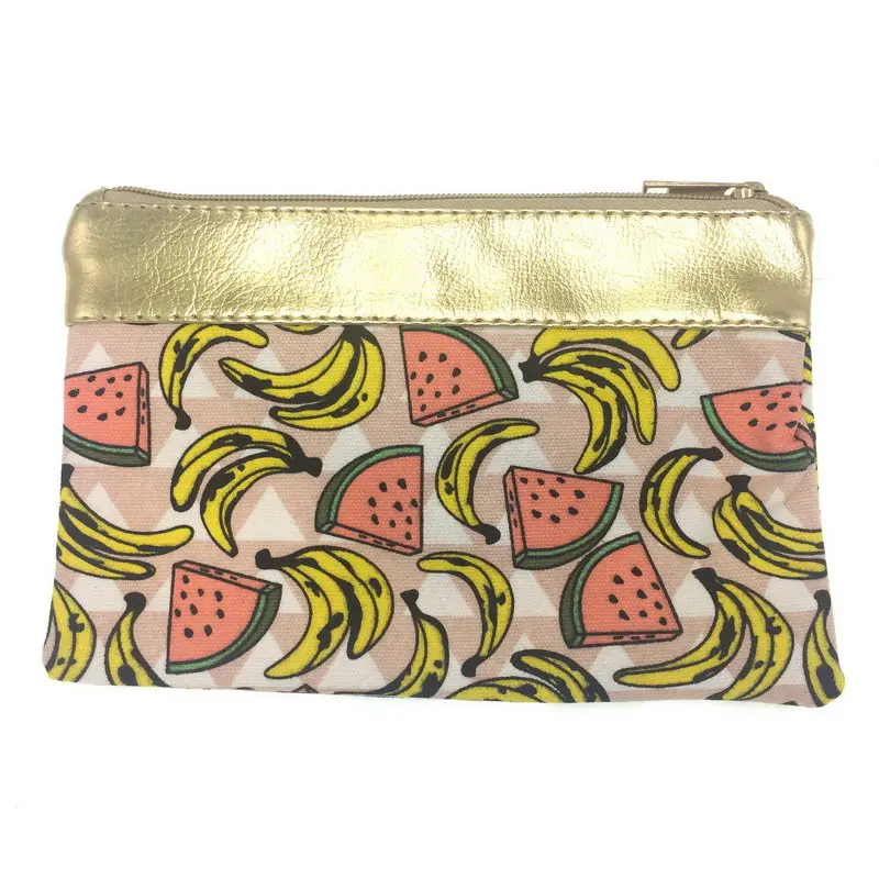 KANDRA Ethnic Patchwork Gold Tone Leather Chevron Cosmetic Bag 2019 Watermelon Fruit Print Canvas Travel Pouch Pineapple