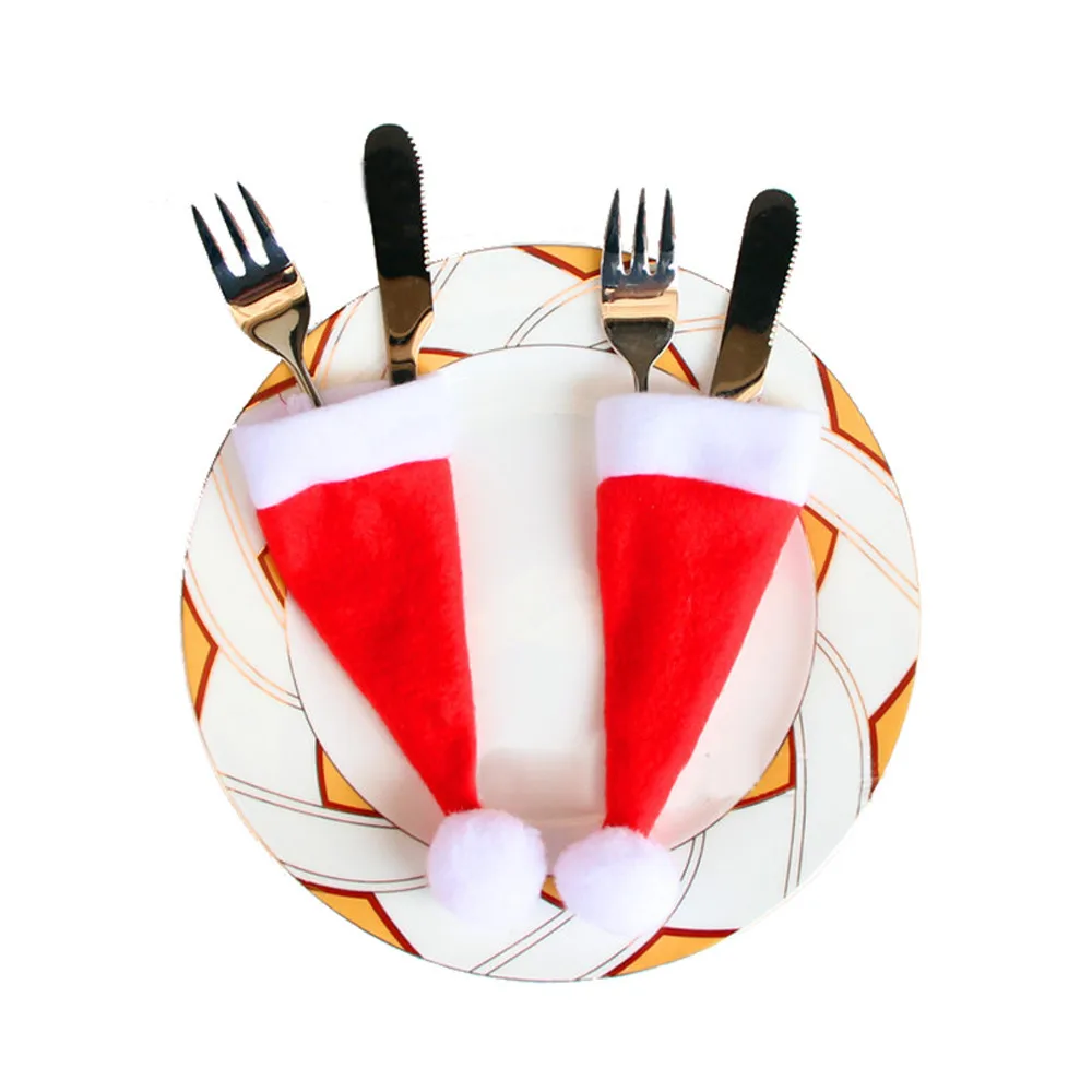 

10PCS Christmas Decorative tableware Xmas Caps Cutlery Holder Knife Fork Set Spoon Pocket Christmas Decor Bag 6x15cm Gift 10pcs