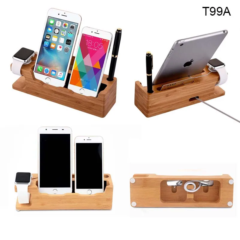 Koop Houten Mobiele Telefoon Tablet Pc USB Charging Stand Houder Voor Apple Horloge Smart Desktop bureau Cellphone Dock Stand Charger USB poort