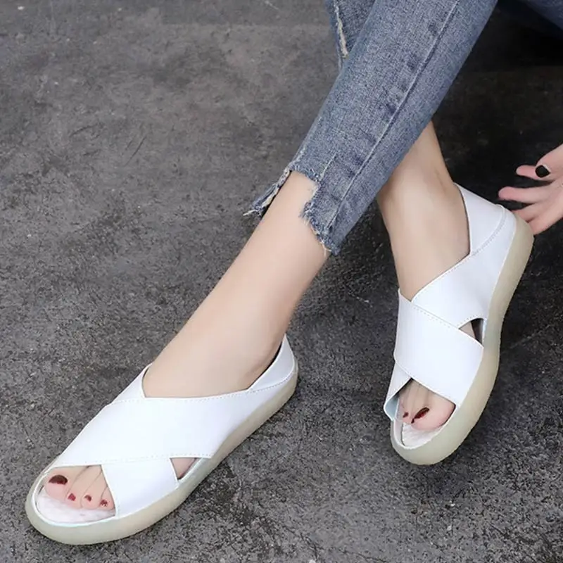 Women Sandals 2019 Summer Casual Leather Flat Sandals Ladies Peep Toe Casual Slippers Soft Slip On Handmade Sandales Femme Women Sandals 2019 Summer Casual Leather Flat Sandals Ladies Peep Toe Casual Slippers Soft Slip On Handmade Sandales Femme