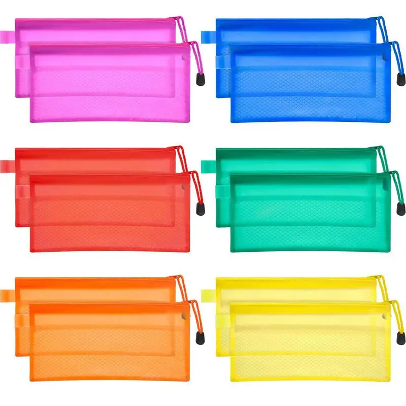 

HOT-12 Pieces 6 Colors Pencil Pouch Zipper File Bags Waterproof Double Layer for Pen Bag Cosmetics Supplies Travel Accessories