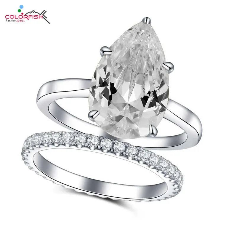 

COLORFISH Solid 925 Sterling Silver Pear Shape Rings For Women 4 ct Zircon Synthetic Luxury Fashion Jewelry Engagement Ring Set