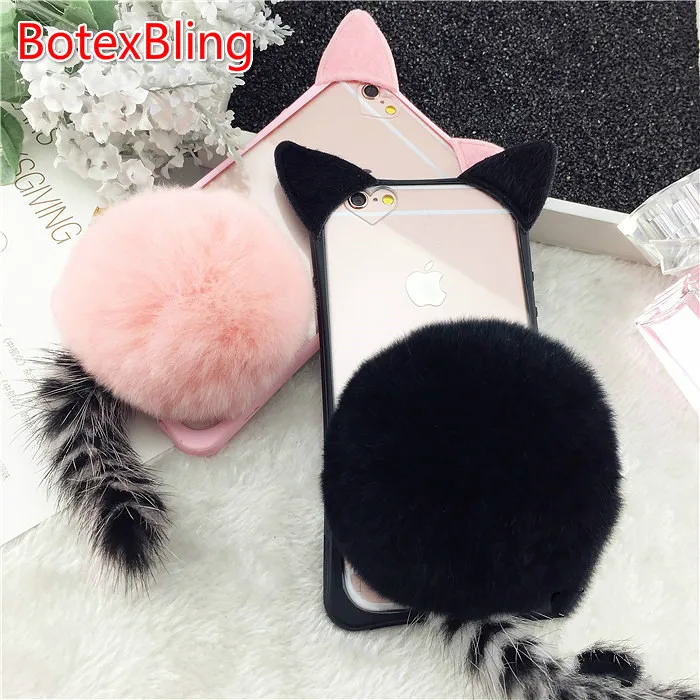

BotexBling cute fluffy plush hairball case for iPhone XS max Cover XR X 6 6S 7 8 plus transparent cover 5s kitty tails S8 S9 s7