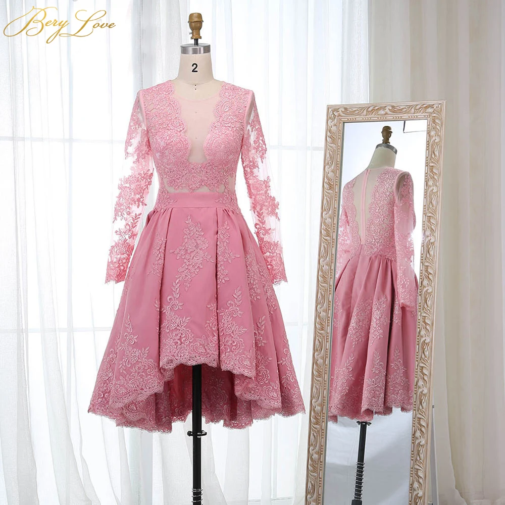 Короткое розовое платье для выпускного бала BeryLove с длинным рукавом, кружевные вечерние платья для выпускного бала
