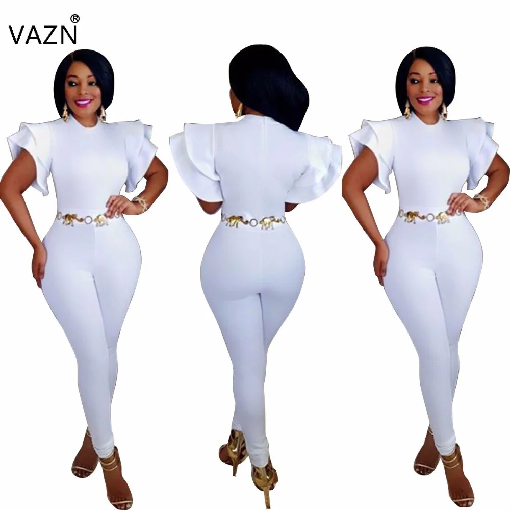 

J7438K 2017 High quality slim temperate fashion bodycon jumpsuit short sleeve summer jumpsuit solid white full length jumpsuit