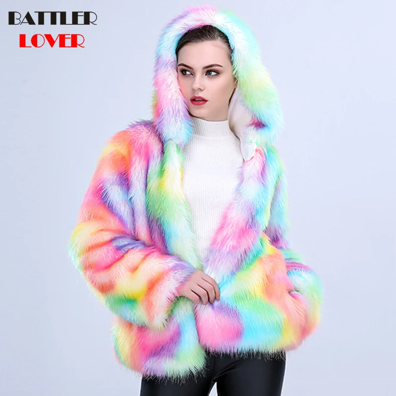 Colorful Fur Coat Winter Thick Jacket Women Hoody Fur Coats Jackets Femme Mujer Overcoats Womens Damen Pelzmantel Fell Jacket