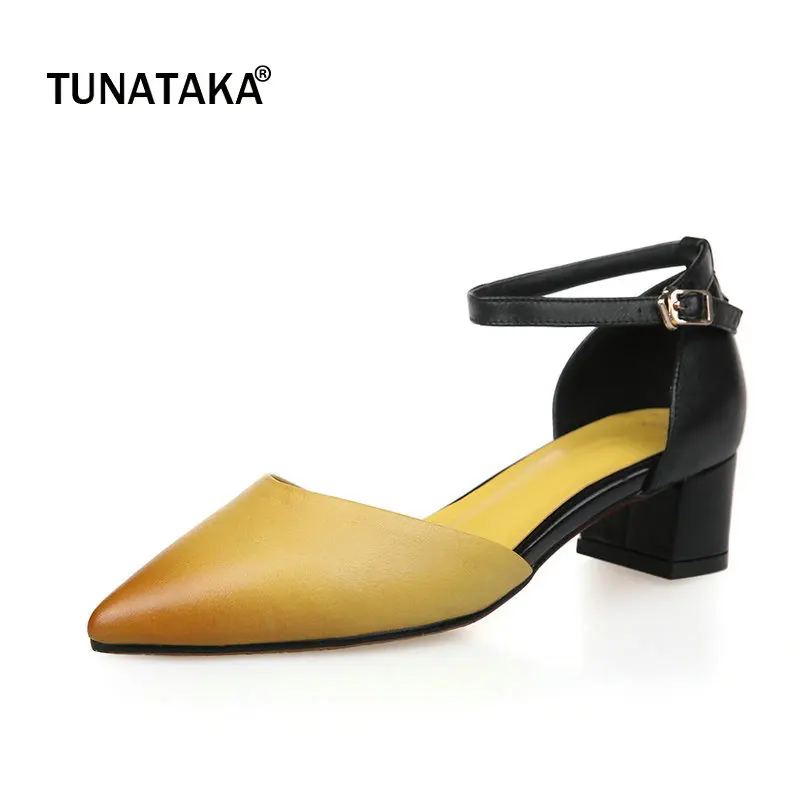 

Woman Genuine Leather Conmfort Square Heel Woman Ankle Strap Pumps Fashion Pointed Toe Dress High Heel Shoes Woman Red Yellow