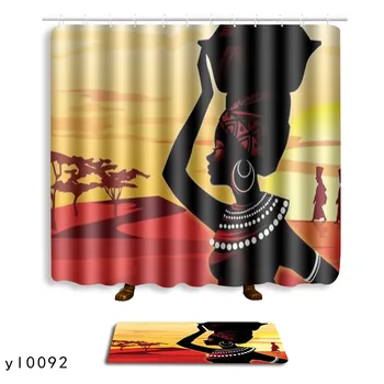 

2pcs/lot African Woman Waterproof Shower Curtain Polyester Fabric Bathroom Decor Curtain 12Hooks Set+Non-slip carpet