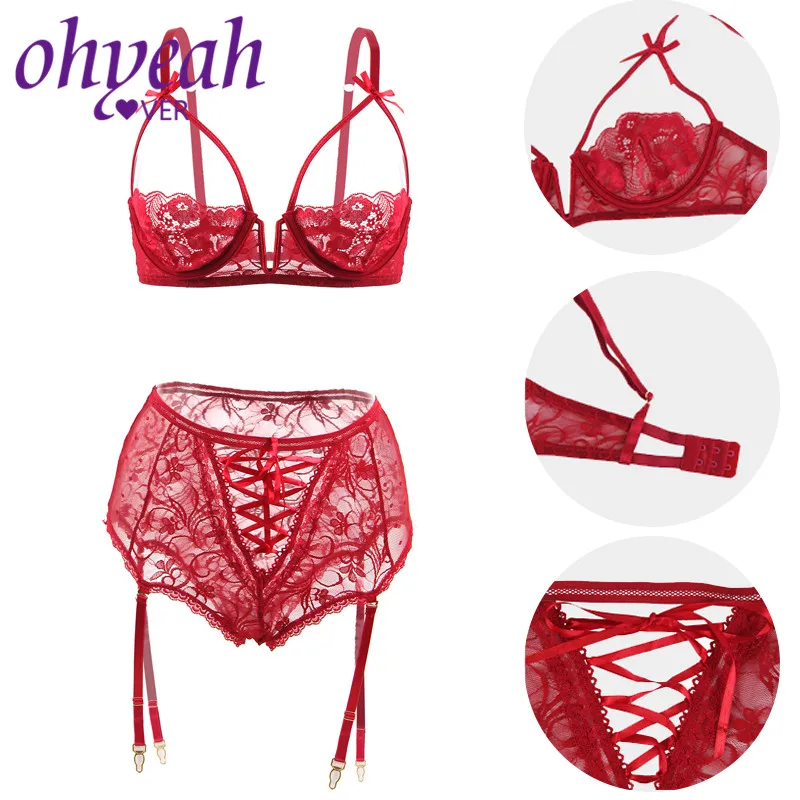 Ohyeahlover Lace Lingerie Set Sexy Bra 1/2 Cup Push-up Bandage Open Bust Bra With Garter Panty Floral Bra Transparent RM80646 Ohyeahlover Lace Lingerie Set Sexy Bra 1/2 Cup Push-up Bandage Open Bust Bra With Garter Panty Floral Bra Transparent RM80646