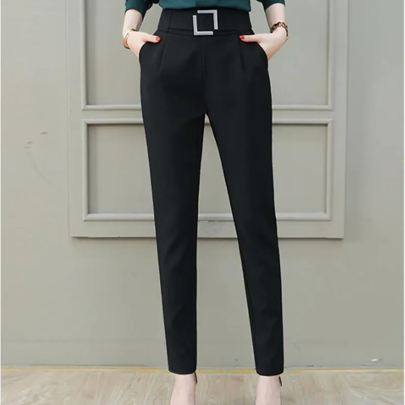 Элегантные женские брюки, Новое поступление, осенне-зимние узкие брюки с высокой талией, Плиссированные Свободные Классические Черные OL брюки XXL