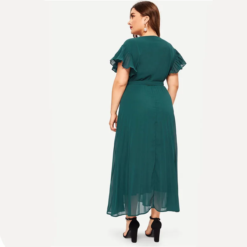 COLROVIE размера плюс зеленое Плиссированное элегантное платье макси с v-образным вырезом и поясом для женщин летнее приталенное и расклешенное офисное женское платье А-силуэта