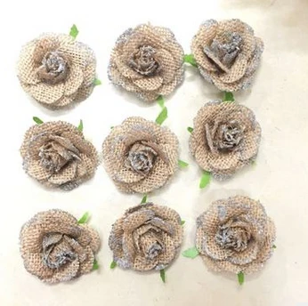

500pcs Natural Jute Burlap Hessian rose flower with glitter hat and garment DIY accessories rustic wedding christmas party