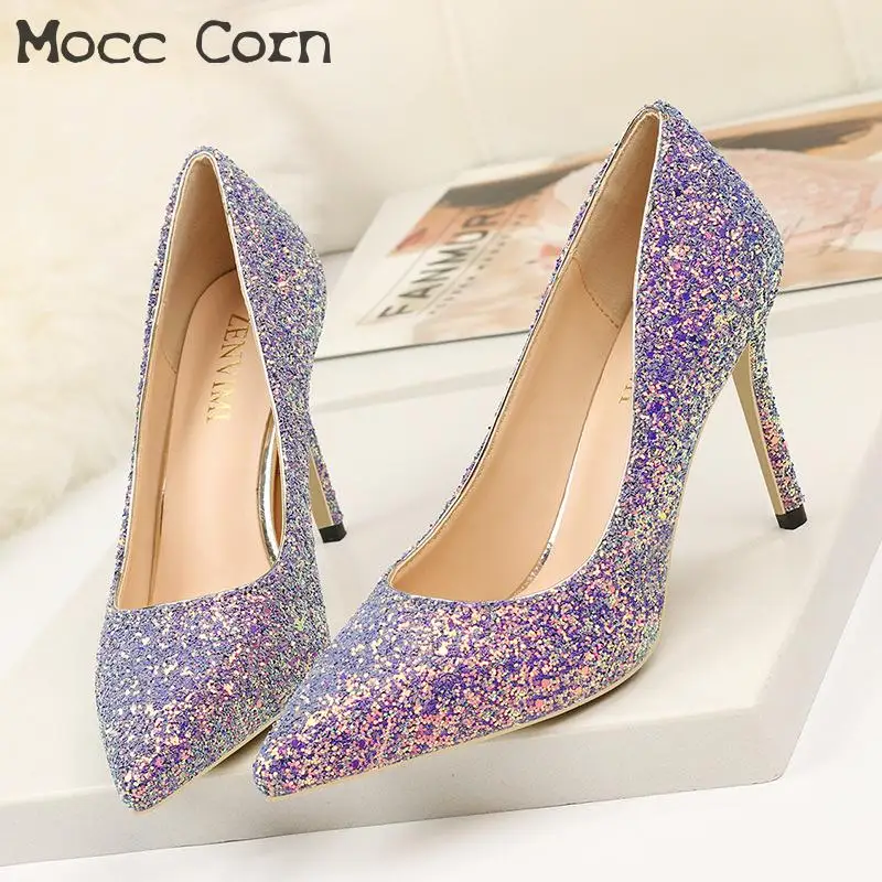 

Purple Pink Sparkle Sequin High Heels Wedding Shoes Bride Pointed Toe Thin Heels Sequined Pumps Party Designer Luxury Women Shoe