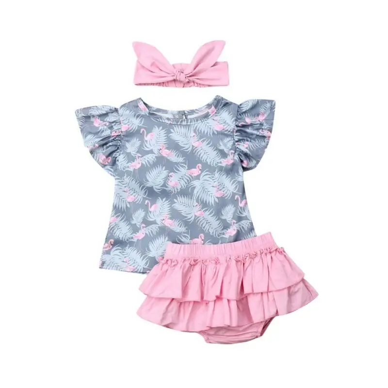 Модная детская одежда комплект из 3 предметов с рисунком Фламинго с принтом Одежда для маленьких девочек, футболка Топ+ оборками шорты и повязка на голову Одежда для новорожденных Комплект