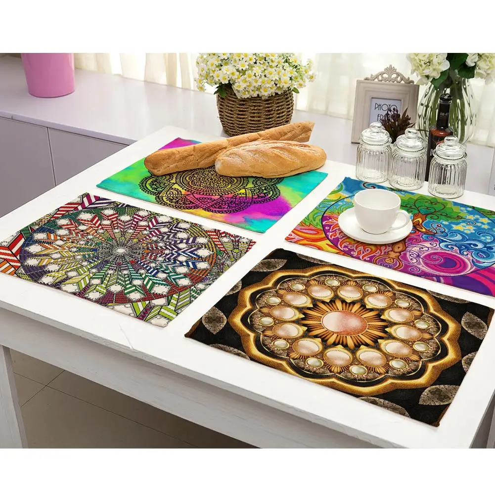 

Newly Cotton Linen Table Place Mat Mandalas Pattern Dinning Mat Heat Resistant Placemats