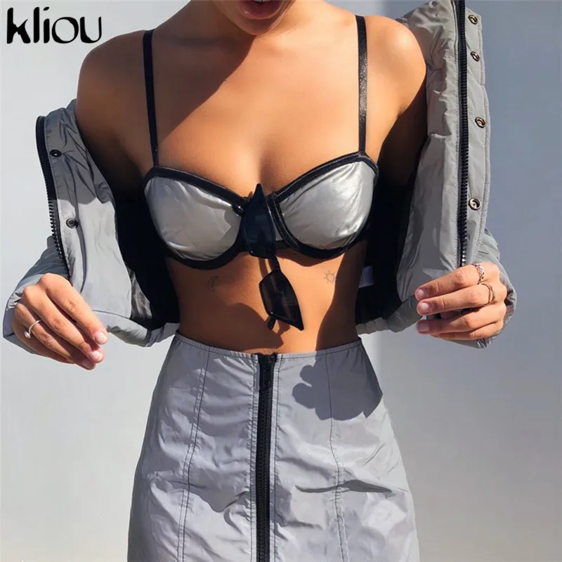 

Kliou 2018 Women Sexy Reflector Bra Camis Strap Patchwork Backless Sexy Female Reflector Crop Tees Bra Short Casual Fitness Bra