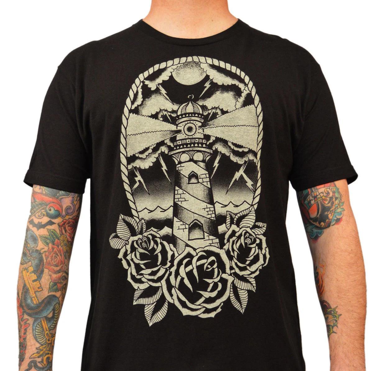 

Men'S Lighthouse By Adi Black Old School Tattoo Stormy Nautical Nights T Shirt Men'S High Quality Tees