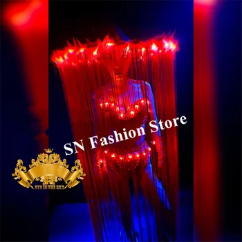 

K22 Red long tassle headwear ballroom dance led costumes singer luminous bodysuit stage wears dj bikini Jellyfish dress cosplay