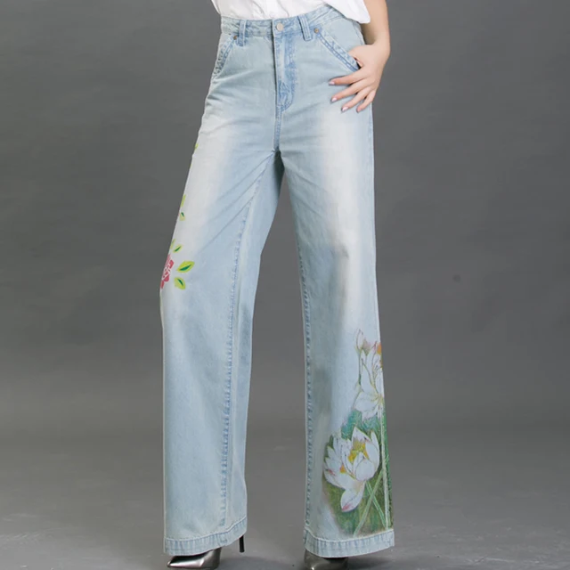 Autumn Spring Vintage Womens Printed Flower Pattern Wide Leg Denim