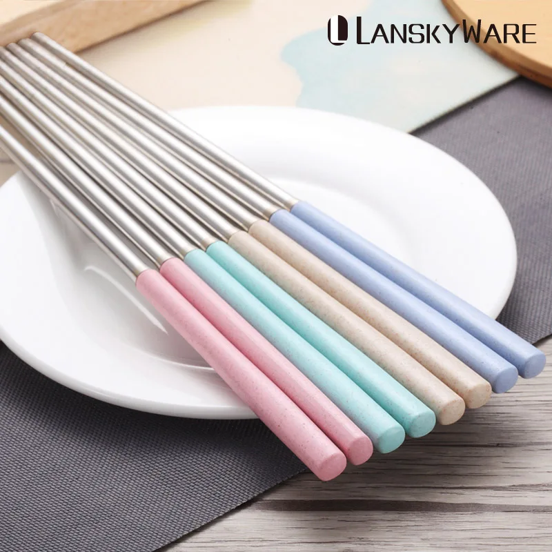 

LANSKYWARE 4 Pairs/Set 304 Stainless Steel Chinese Chopstick Wheat Straw Handle Reusable Chopsticks Food Sushi Stick