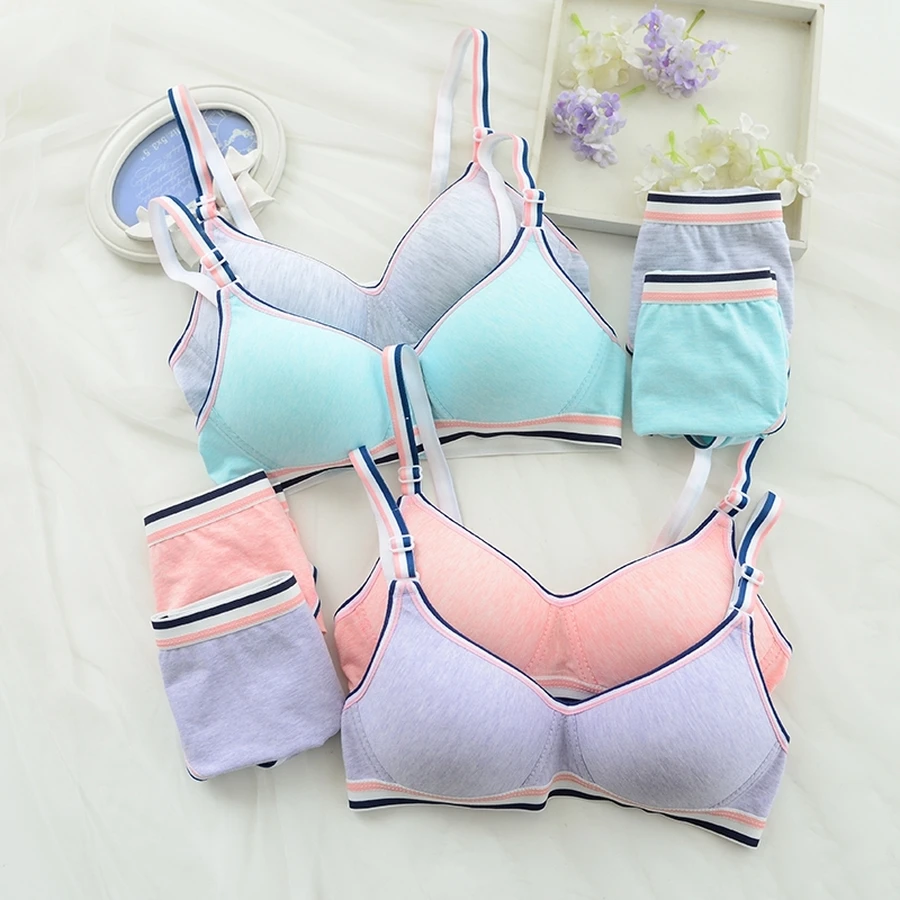 Famli Kids Solid First Bra Children Sport Wireless Cotton Puberty Bras+Pantie Set Teenager Girl
