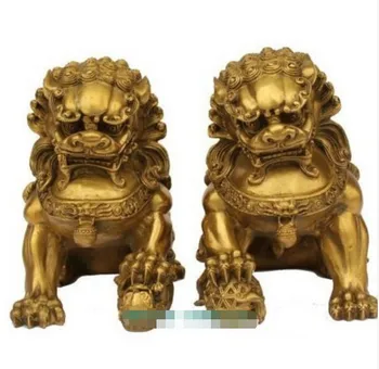 

YM 309 Large Pair Bronze Chinese Lion Foo Dog Statue Figure Sculpture Gold Color 6.5"H