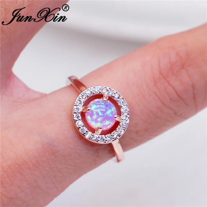 JUNXIN Fashion Pink/Blue Fire Opal Rings For Women Men Rose Gold Filled Round CZ Rainbow Stone Crystal Wedding Rings For Couples