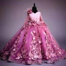 Милые Платья с цветочным рисунком для девочек, с рукавами, с цветами, длинные с бусинами, Пышное Платье детское праздничное платье платья для первого причастия для девочек