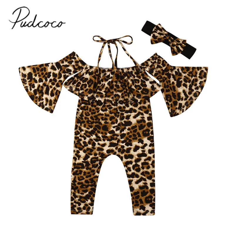 

2019 Baby Summer Clothing Toddler Kids Girls Strap Off Shoulder Leopard Romper Flare Sleeve Jumpsuit Playsuit Headband 2Pcs Sets