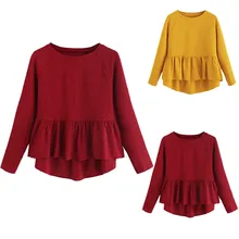 Модные Для женщин футболки Для женщин Свободные желтый тряпки с длинным рукавом оборчатый высокий и Low Hem Top camiseta