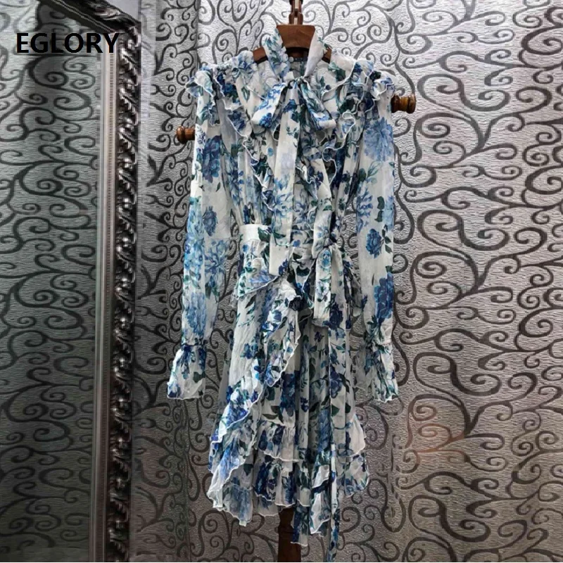 

Top Grade Designer Summer Dress 2019 Fashion Women Bow Collar Vintage Flower Print Long Sleeve Sexy Ruffle Casual Beach Dress