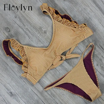 

Floylyn Brazilian Bikini Set Women Striped Bikini Push Up Biquini Ginger Ruffle Swimsuit Maillot De Bain Bathing Suit Beachwear
